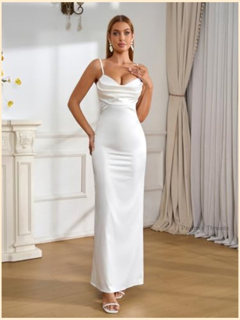 Satin Spaghetti Strap Maxi Dress Lace Cowl Neck Backless Bodycon Cocktail - Picture 4 of 5